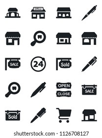 Set of vector isolated black icon - 24 around vector, shop, pen, store, search cargo, sale, sold signboard, cafe building, open close, cart, storefront