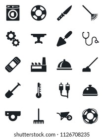 Set of vector isolated black icon - trowel vector, shovel, rake, wheelbarrow, hoe, stethoscope, patch, rca, table, washer, factory, dish, knife, web camera, thermometer, gear, crisis management