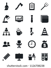 Set of vector isolated black icon - border cone vector, hierarchy, money bag, farm fork, axe, group, themes, clipboard, coffee, clock, monitor statistics, presentation board, office chair, blank box