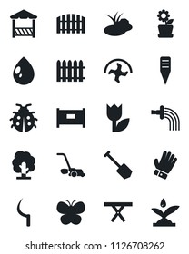 Set of vector isolated black icon - fence vector, job, ripper, tree, watering, glove, lawn mower, butterfly, lady bug, water drop, sickle, plant label, pond, picnic table, tulip, flower in pot