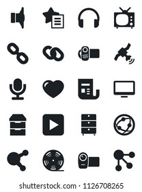 Set of vector isolated black icon - reel vector, archive chest, satellite, news, speaker, video camera, microphone, network, headphones, monitor, share, chain, favorites list, heart, play button, tv