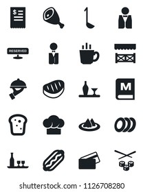 Set of vector isolated black icon - waiter vector, alcohol, serviette, cook hat, menu, reserved, coffee, plates, bread, alcove, credit card, restaurant receipt, steak, ham, hot dog, ladle, sushi