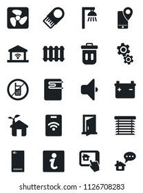Set of vector isolated black icon - no mobile vector, tracking, phone back, eco house, fan, water heater, home control app, gear, radiator, outdoor lamp, sound, jalousie, garage gate, trash bin