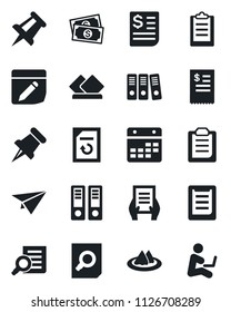 Set of vector isolated black icon - office binder vector, document search, drawing pin, reload, cash, receipt, clipboard, paper, calendar, notes, serviette, restaurant, plane, man with notebook