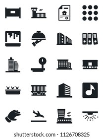 Set of vector isolated black icon - fence vector, arrival, airport building, office, glove, seedling, railroad, heavy scales, menu, scanner, music, paper binder, estate document, waiter, sprinkler