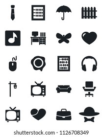 Set of vector isolated black icon - tv vector, case, abacus, mouse, desk, stamp, fence, butterfly, garden light, umbrella, headphones, heart, music, office chair, tie, cushioned furniture