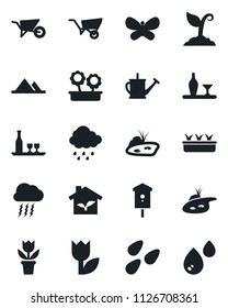 Set of vector isolated black icon - storm cloud vector, flower in pot, watering can, wheelbarrow, sproute, butterfly, seedling, rain, seeds, bird house, tulip, pond, mountains, alcohol, eco, water