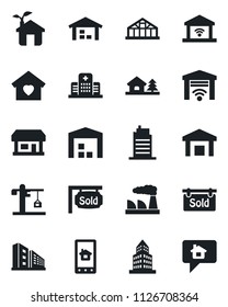Set of vector isolated black icon - factory vector, greenhouse, hospital, store, warehouse, office building, house with tree, sold signboard, sweet home, city, crane, eco, control app, garage gate