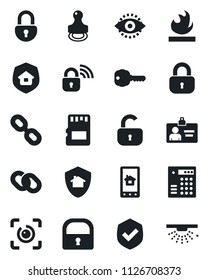 Set of vector isolated black icon - identity card vector, shield, flammable, chain, sd, lock, eye id, stamp, key, estate insurance, wireless, home control app, protect, combination, sprinkler
