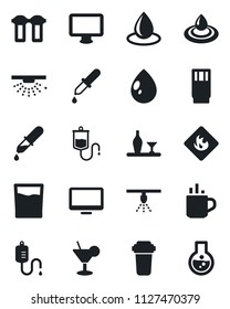 Set of vector isolated black icon - hot cup vector, water drop, dropper, flammable, monitor, alcohol, drink, cocktail, filter, sprinkler, flask