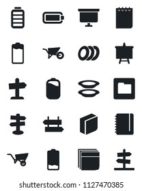 Set of vector isolated black icon - signpost vector, notepad, presentation board, wheelbarrow, battery, low, folder, blank box, plates, guidepost