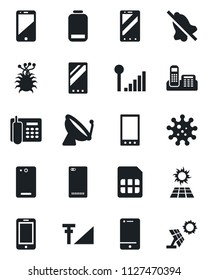 Set of vector isolated black icon - satellite antenna vector, mobile phone, virus, cell, low battery, back, sim, mute, cellular signal, office, sun panel