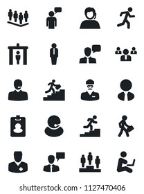 Set of vector isolated black icon - security gate vector, manager, speaking man, pedestal, team, run, doctor, support, speaker, career ladder, estate agent, pass card, with notebook