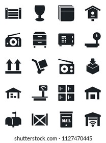 Set of vector isolated black icon - safe vector, checkroom, bird house, container, fragile, cargo, up side sign, warehouse, package, heavy scales, radio, blank box, archive, mailbox