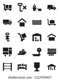 Set of vector isolated black icon - baggage trolley vector, sea shipping, truck trailer, cargo container, car delivery, port, consolidated, fragile, warehouse storage, no hook, heavy scales, rack