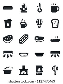 Set of vector isolated black icon - coffee vector, fire, fireplace, air conditioner, bread, steak, hot dog, bowl, steaming pan, water heater, thermometer, balloon