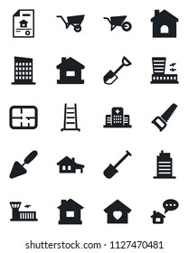 Set of vector isolated black icon - airport building vector, trowel, shovel, ladder, wheelbarrow, saw, house, hospital, with garage, plan, estate document, sweet home, city, message