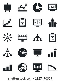 Set of vector isolated black icon - growth statistic vector, hierarchy, presentation board, monitor, circle chart, pulse, clipboard, statistics, bar graph, pie, point, arrow up, crisis