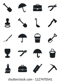 Set of vector isolated black icon - suitcase vector, umbrella, stamp, job, shovel, bucket, pruner, axe, scalpel, fragile, themes, case, ladle, hard work