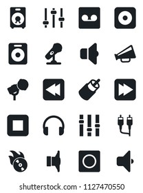 Set of vector isolated black icon - flame disk vector, microphone, speaker, loudspeaker, settings, headphones, stop button, fast forward, rewind, rec, rca, tuning, record, sound