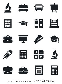 Set of vector isolated black icon - airport bus vector, book, calculator, graduate, abacus, presentation board, microscope, case, pencil, stapler
