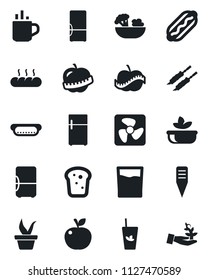 Set of vector isolated black icon - hot cup vector, seedling, plant label, diet, fridge, drink, phyto bar, salad, bread, kebab, dog, apple fruit, fan, palm sproute