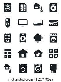Set of vector isolated black icon - washer vector, calculator, monitor, speaker, sim, smart home, credit card, control, chip, remote, router, usb flash