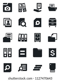 Set of vector isolated black icon - office binder vector, document search, receipt, folder, photo gallery, paper, tray, archive box, usb flash