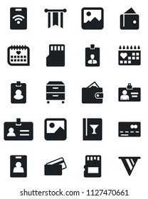 Set of vector isolated black icon - credit card vector, identity, medical calendar, gallery, sd, archive box, wine, pass, wallet, pennon