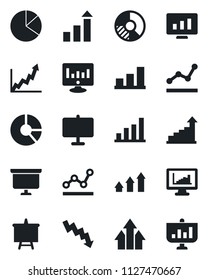 Set of vector isolated black icon - growth statistic vector, presentation board, crisis graph, monitor, circle chart, statistics, bar, pie, point, arrow up