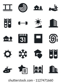 Set of vector isolated black icon - radar vector, luggage storage, office building, book, sun, barbell, film frame, favorites list, calendar, brightness, copybook, house with tree, pond, sweet home