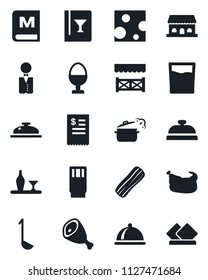 Set of vector isolated black icon - waiter vector, dish, alcohol, wine card, menu, reception, drink, bacon, egg stand, cafe building, alcove, restaurant receipt, chicken, ham, ladle, steaming pan