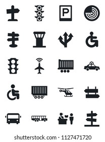 Set of vector isolated black icon - airport tower vector, plane radar, bus, parking, passport control, signpost, alarm car, helicopter, disabled, route, traffic light, truck trailer, guidepost