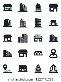 Set of vector isolated black icon - taxi vector, shop, office building, navigation, store, city house, cafe, storefront