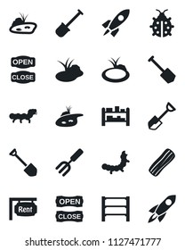 Set of vector isolated black icon - job vector, garden fork, shovel, lady bug, caterpillar, pond, rack, rent, bacon, open close, rocket