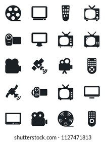 Set of vector isolated black icon - tv vector, reel, satellite, video camera, remote control, monitor