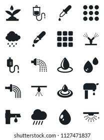 Set of vector isolated black icon - watering vector, water drop, rain, drip irrigation, dropper, menu, supply, sprinkler