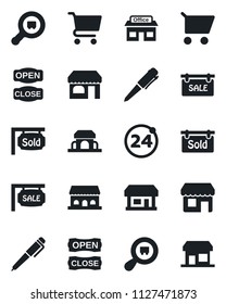 Set of vector isolated black icon - 24 around vector, shop, pen, store, search cargo, sale, sold signboard, cafe building, open close, cart, storefront
