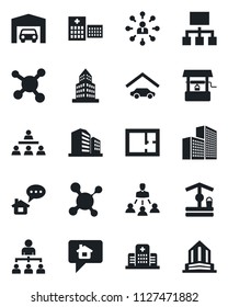 Set of vector isolated black icon - hierarchy vector, well, molecule, hospital, office building, garage, plan, home message