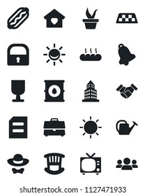 Set of vector isolated black icon - taxi vector, tv, document, seedling, watering can, sun, fragile, oil barrel, bell, lock, case, office building, handshake, children room, sweet home, bread, group