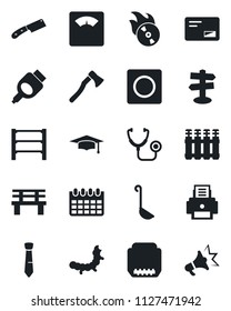 Set of vector isolated black icon - graduate vector, calendar, axe, bench, caterpillar, stethoscope, scales, signpost, rack, flame disk, mail, hdmi, record, printer, tie, ladle, knife, radiator