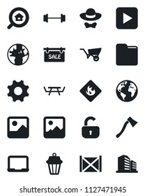 Set of vector isolated black icon - notebook pc vector, wheelbarrow, axe, picnic table, barbell, earth, container, flammable, play button, gallery, settings, folder, sale, estate search, lock