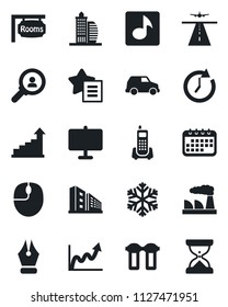 Set of vector isolated black icon - runway vector, growth statistic, mouse, factory, office phone, favorites list, music, presentation board, ink pen, rooms, building, snowflake, water filter, clock