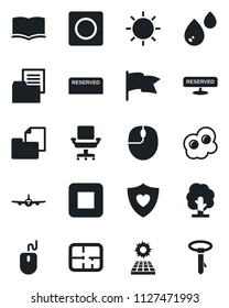Set of vector isolated black icon - plane vector, book, mouse, tree, sun, heart shield, folder document, stop button, record, office chair, panel, plan, reserved, omelette, water, flag, tie