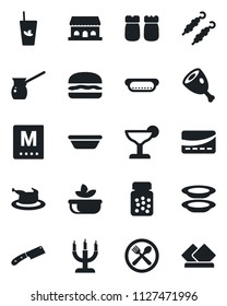 Set of vector isolated black icon - pills bottle vector, cafe, menu, cocktail, phyto bar, salad, plates, salt and pepper, building, candle, credit card, chicken, kebab, ham, hamburger, hot dog, bowl