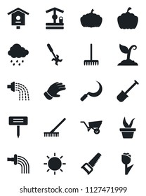 Set of vector isolated black icon - shovel vector, rake, seedling, wheelbarrow, watering, sproute, glove, saw, sun, rain, well, sickle, plant label, pumpkin, bird house, ripper, tulip