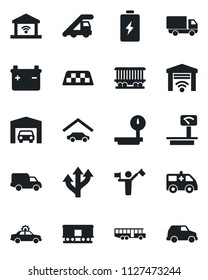 Set of vector isolated black icon - dispatcher vector, taxi, airport bus, alarm car, ladder, ambulance, route, railroad, delivery, heavy scales, garage, gate control, battery
