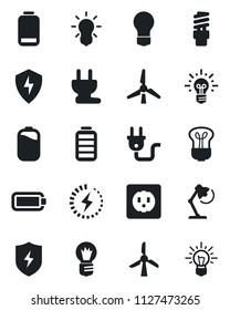 Set of vector isolated black icon - bulb vector, battery, low, protect, charge, desk lamp, windmill, socket, power plug, energy saving, idea