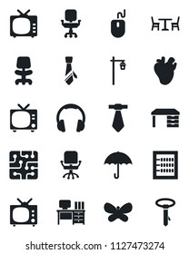 Set of vector isolated black icon - cafe vector, tv, office chair, mouse, desk, butterfly, garden light, real heart, umbrella, headphones, abacus, tie, chip