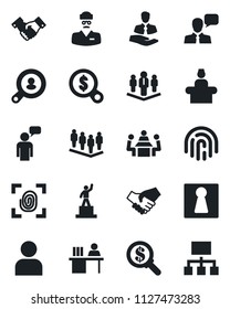 Set of vector isolated black icon - female vector, reception, handshake, speaking man, pedestal, team, doctor, client, speaker, user, fingerprint id, manager desk, meeting, company, search, money